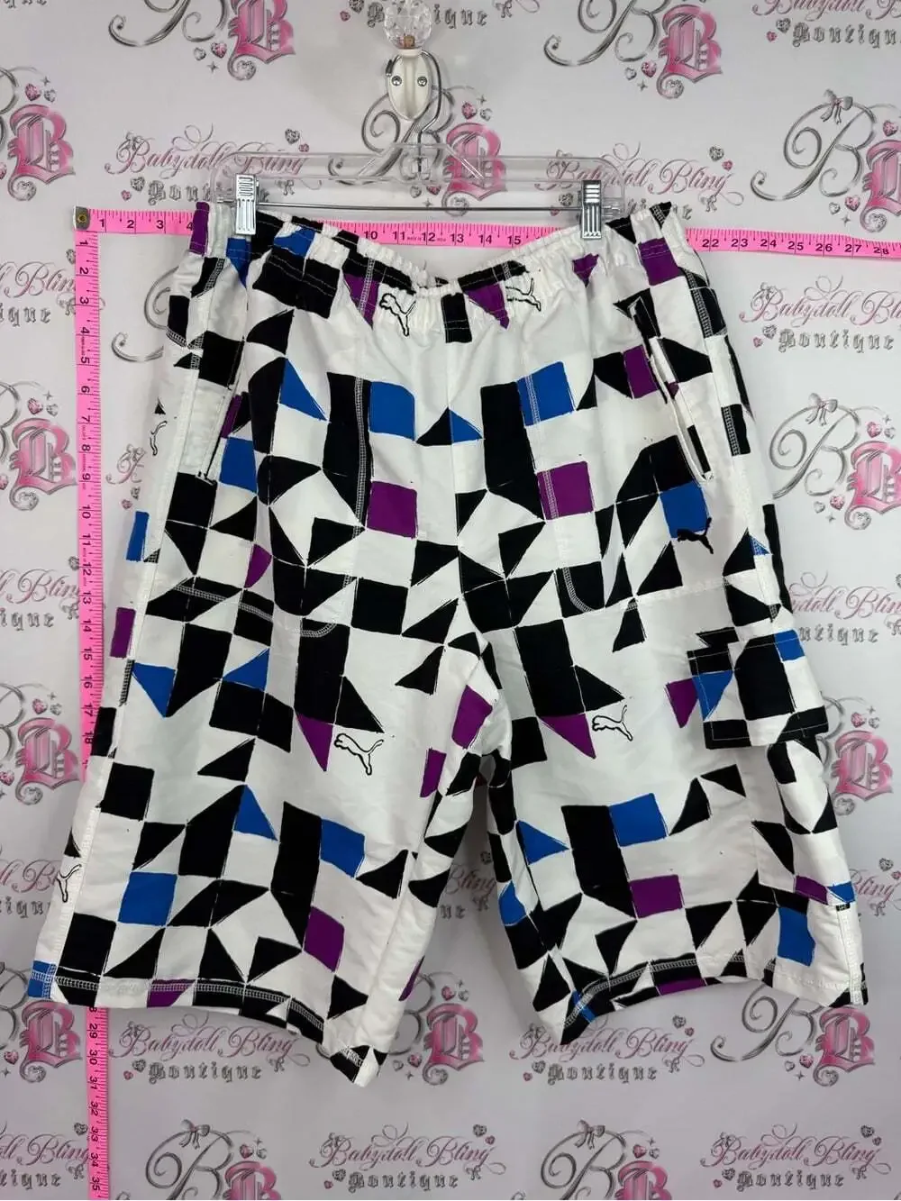 Puma shorts White Swim Board Shorts with Black, Blue, and Purple Geometric Print